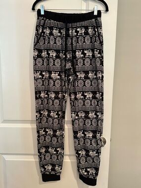 Black and White Elephant Print Jogger Pants with Elastic Waist Band Size Small